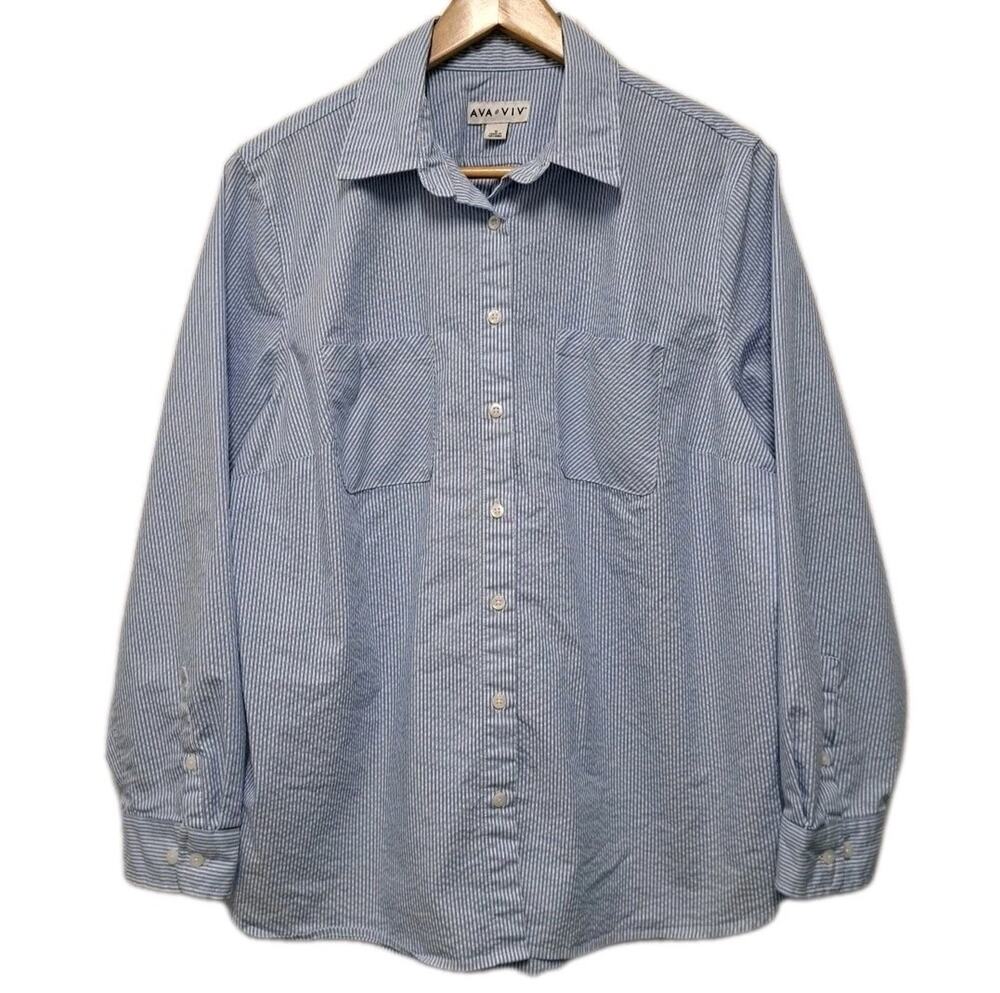 Ava & Viv Long Sleeve Shirt Womens 1X Blue White Striped Button Up Top Coastal - Picture 1 of 14